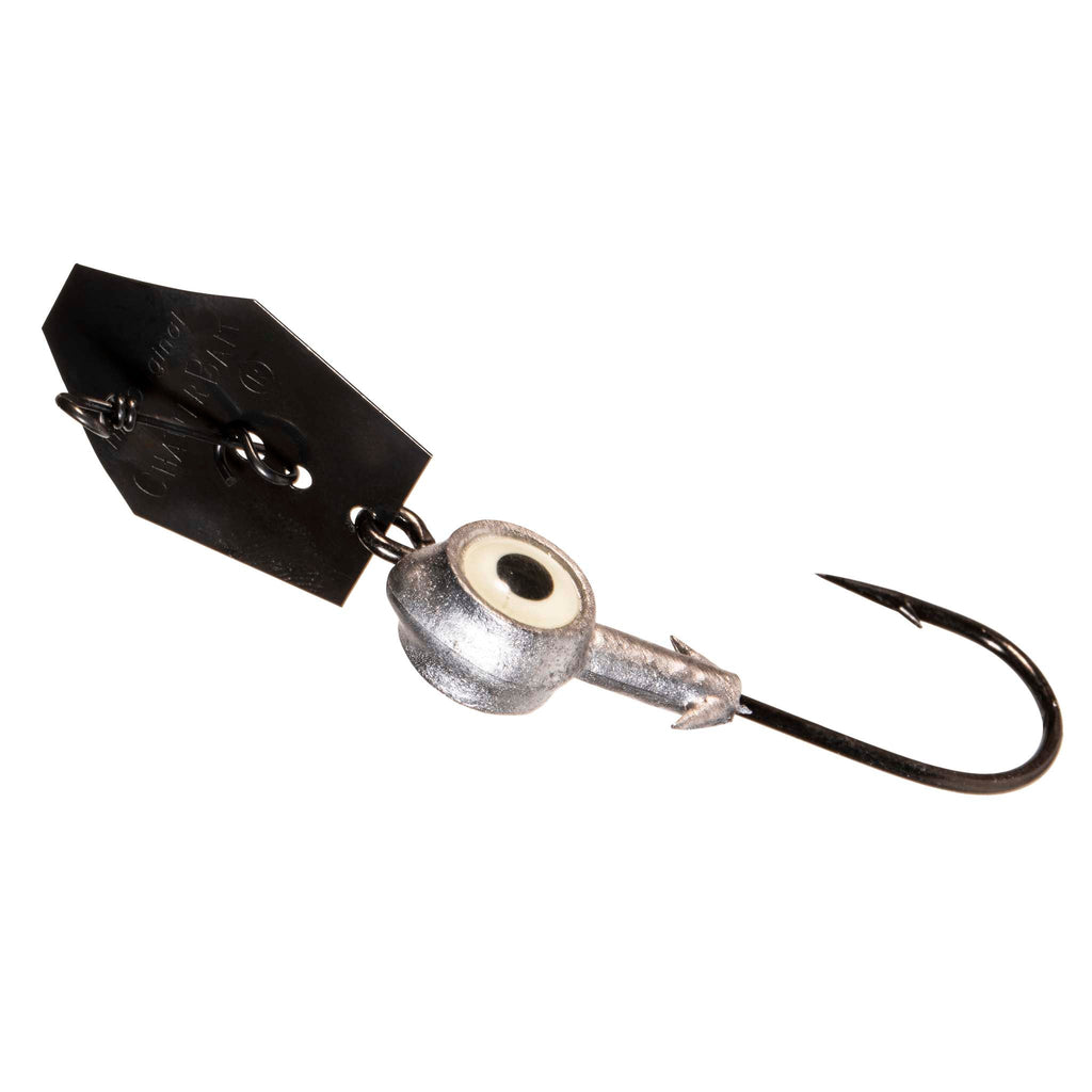 Eye Strike ChatterBait fishing lure with white-eye head, black blade, single treble hook