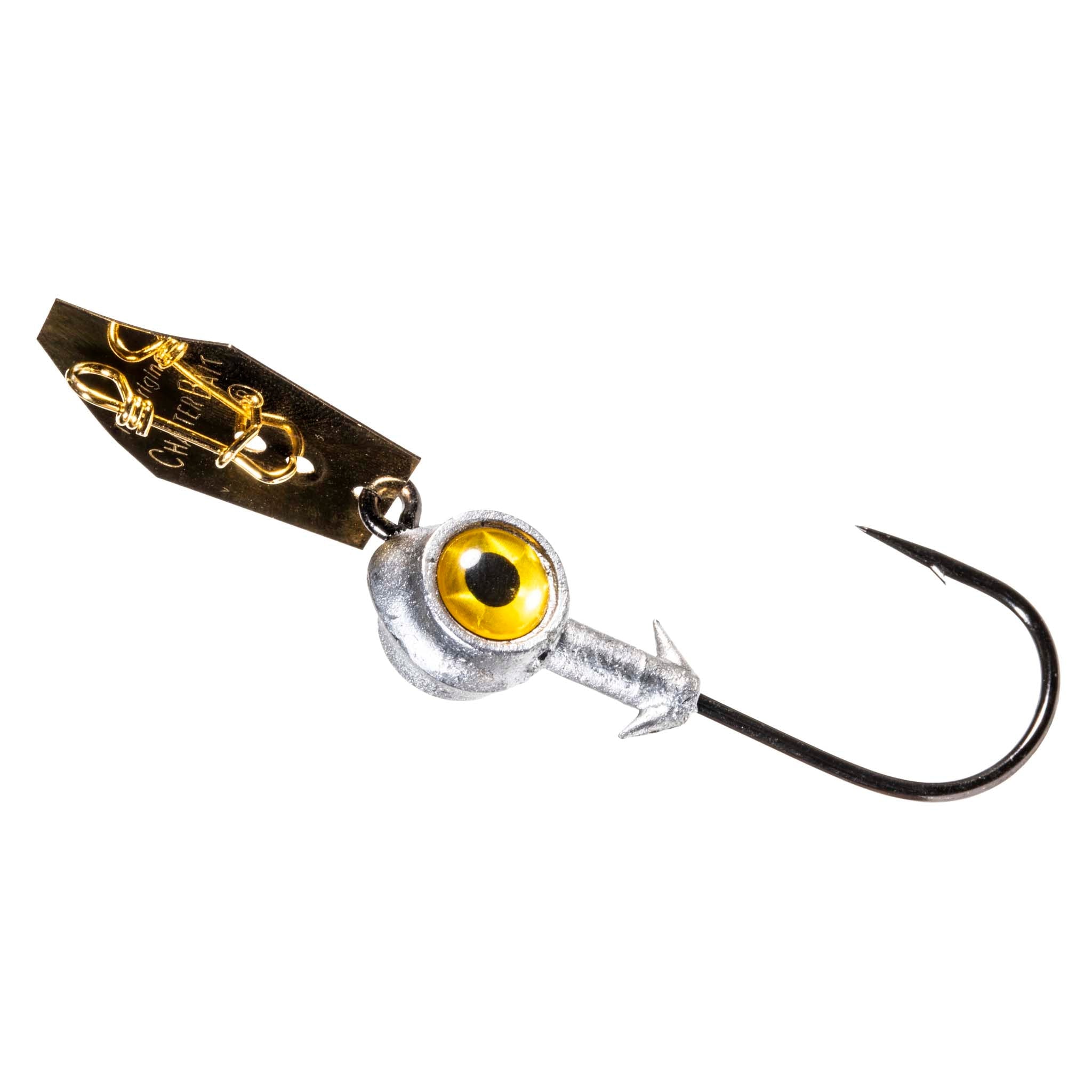 Eye Strike ChatterBait fishing lure with yellow-eye head, gold blade, single treble hook