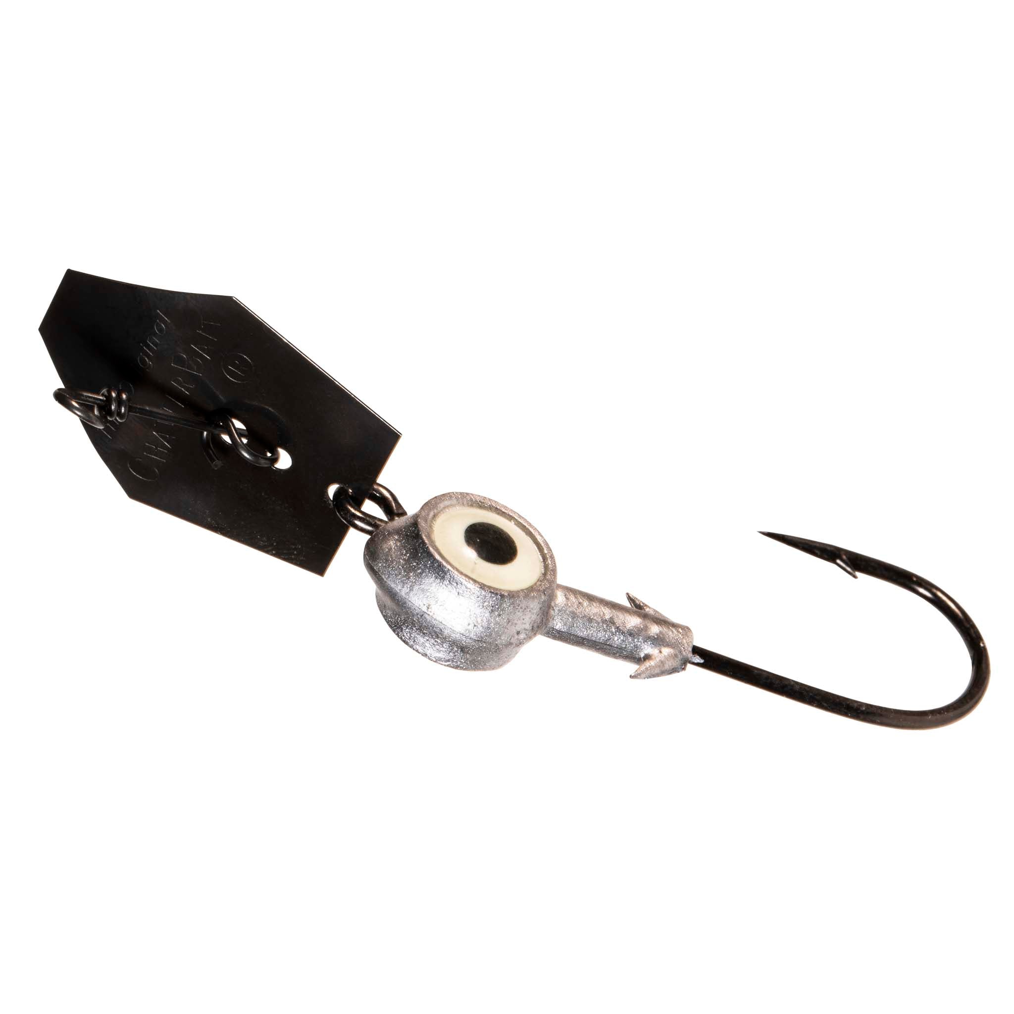Eye Strike ChatterBait fishing lure with white-eye head, black blade, single treble hook