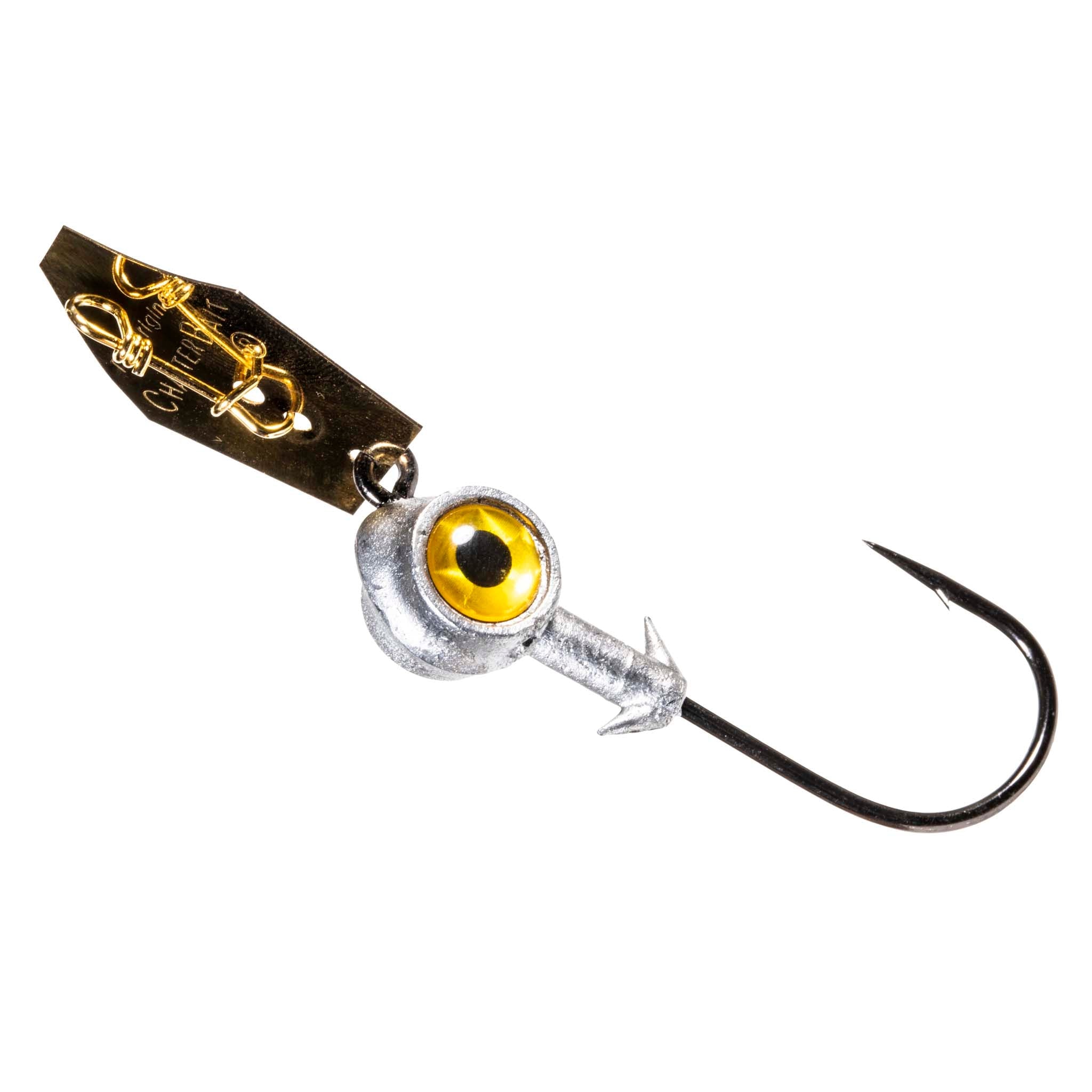 Eye Strike ChatterBait fishing lure with yellow-eye head, gold blade, single treble hook