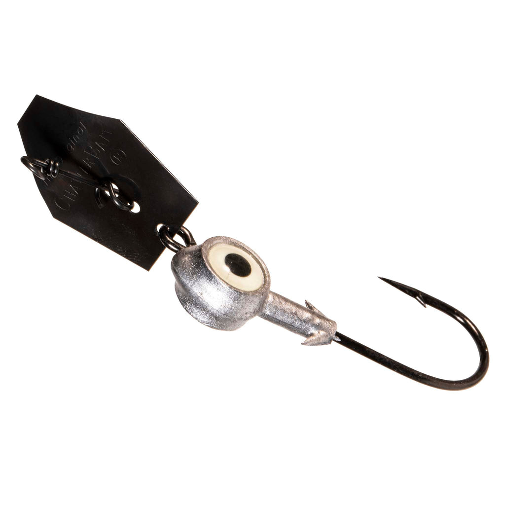 Eye Strike ChatterBait fishing lure with white-eye head, black blade, single treble hook