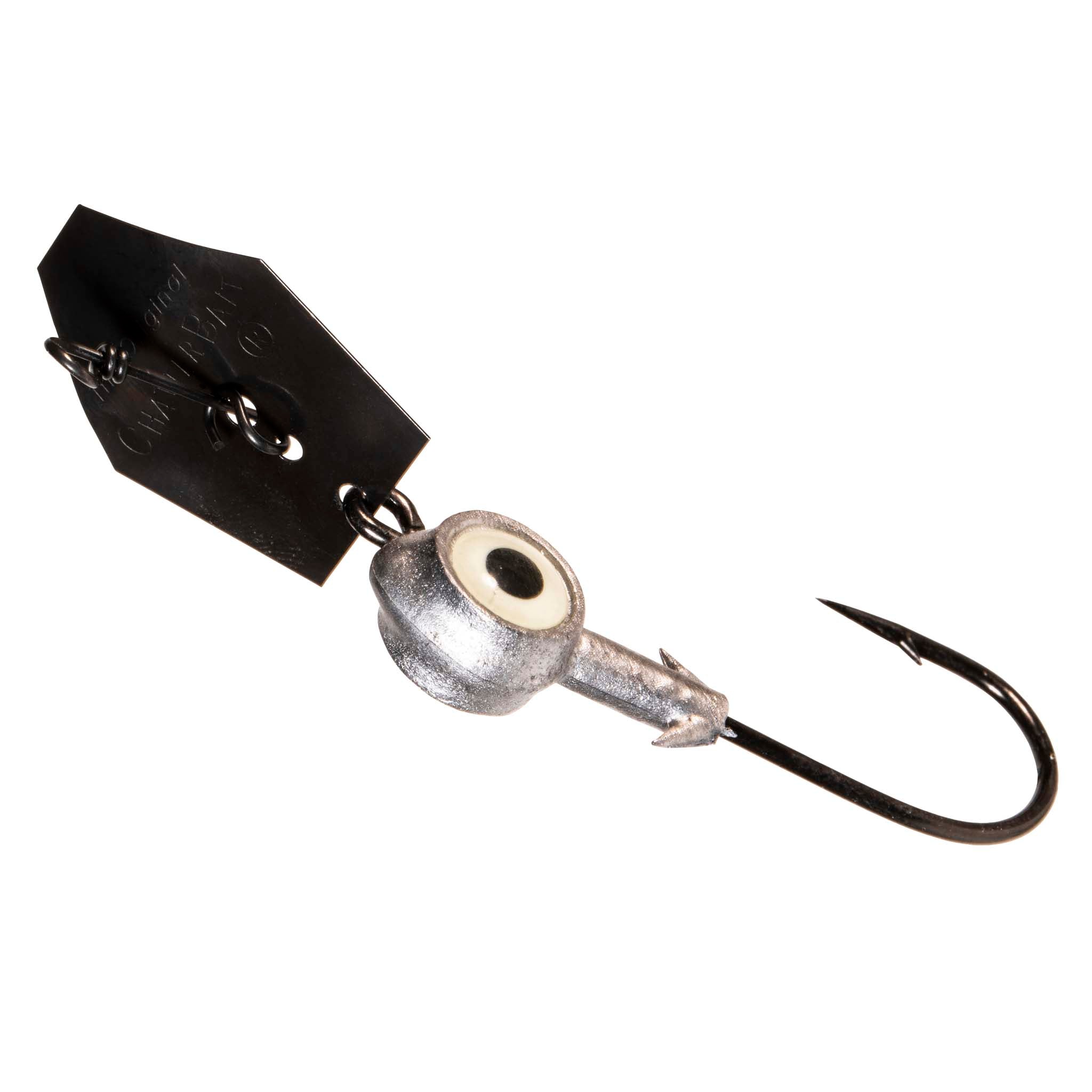 Eye Strike ChatterBait fishing lure with white-eye head, black blade, single treble hook