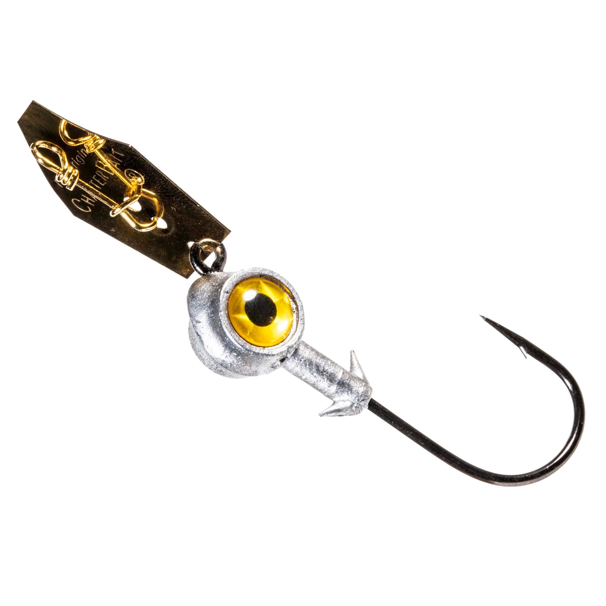 Chatterbait fishing lure, gold skirt with yellow single eye and twin hook