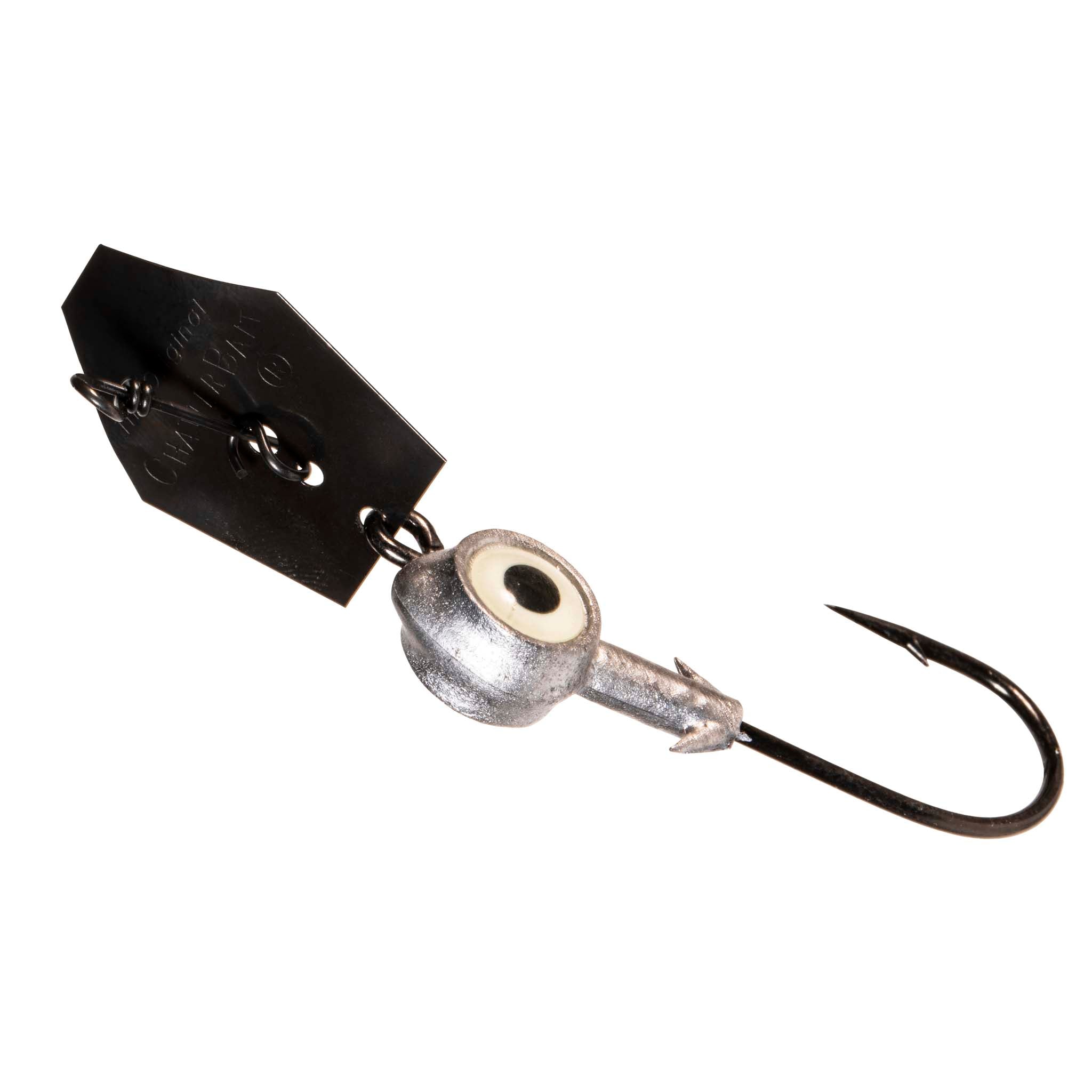 Chatterbait fishing lure, black skirt with white single eye and curved hook