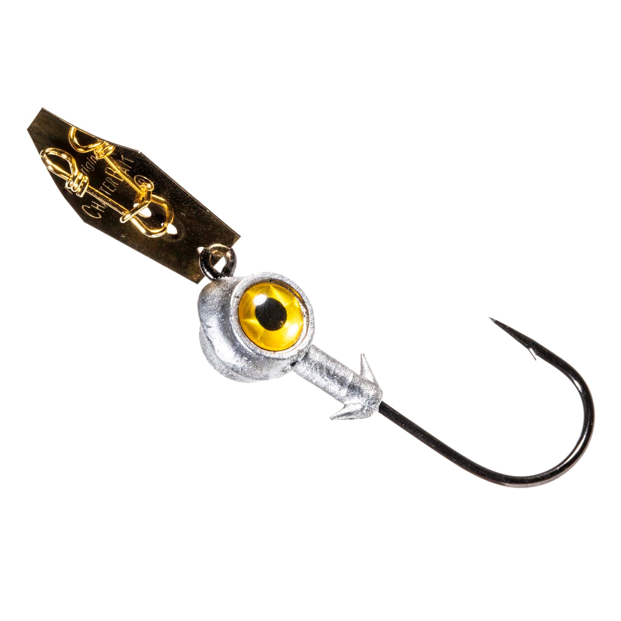Chatterbait fishing lure, gold skirt with yellow single eye and hooked blade