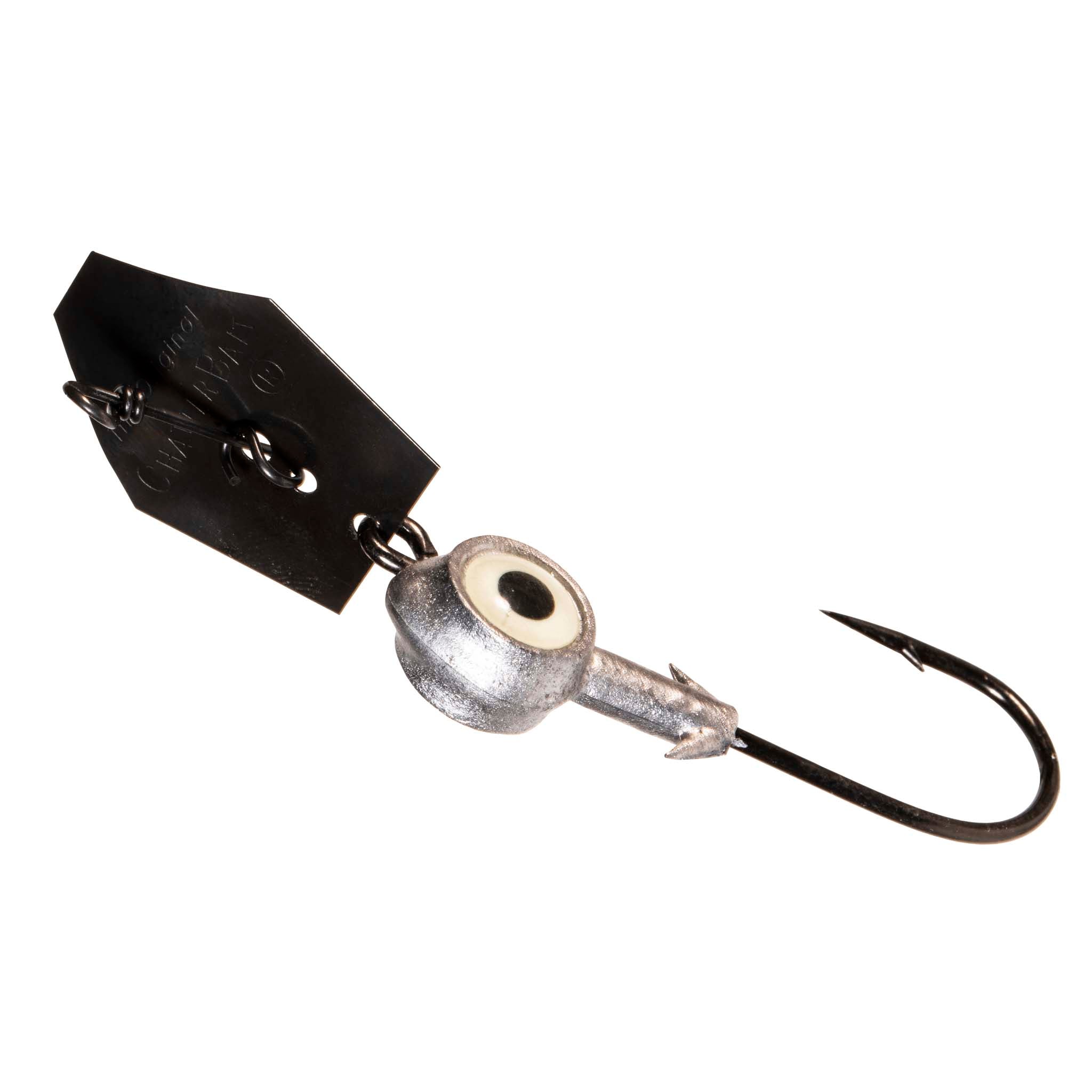 Chatterbait fishing lure, black skirt with white single eye and silver body