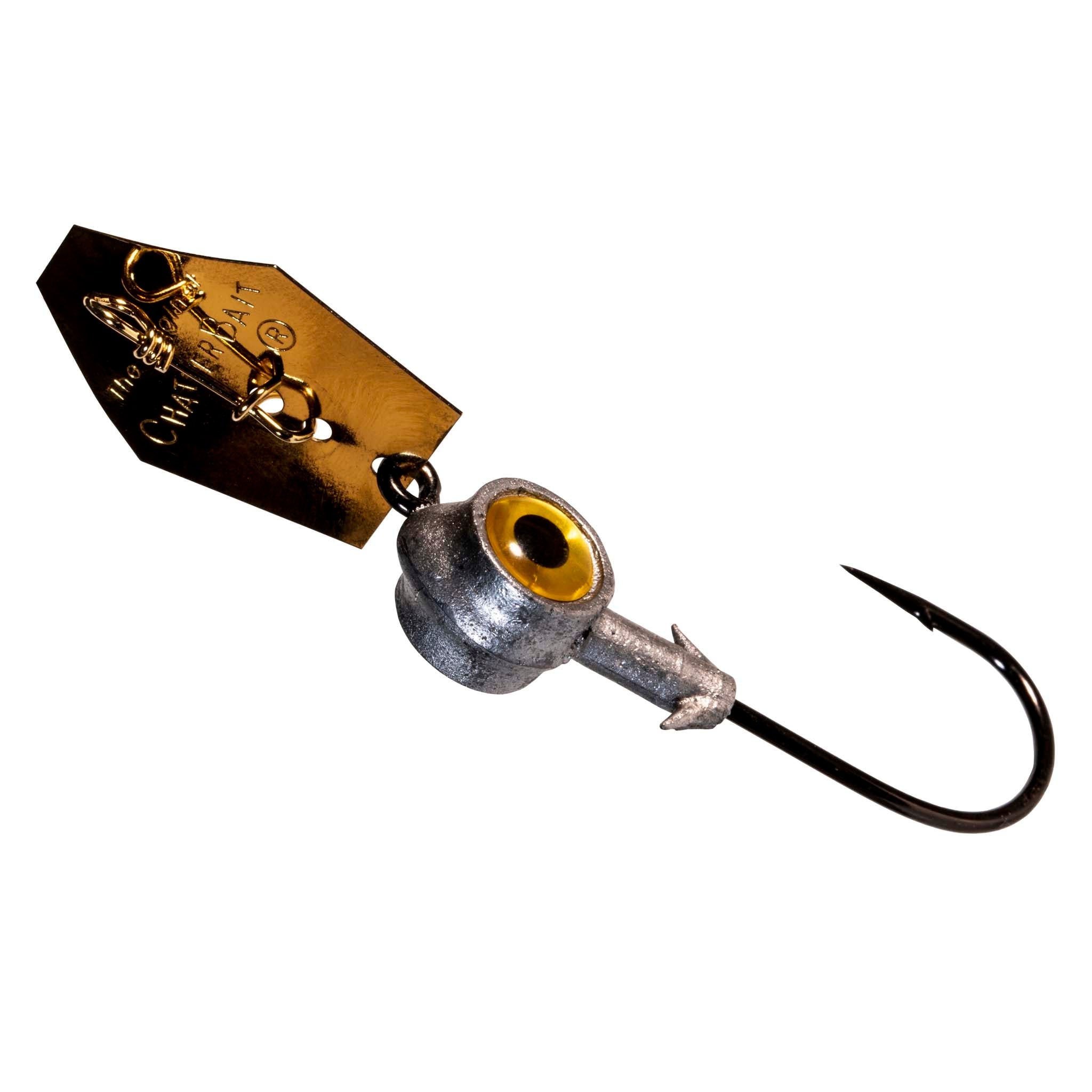 Chatterbait fishing lure, bronze-gold skirt with yellow single eye and curved hook