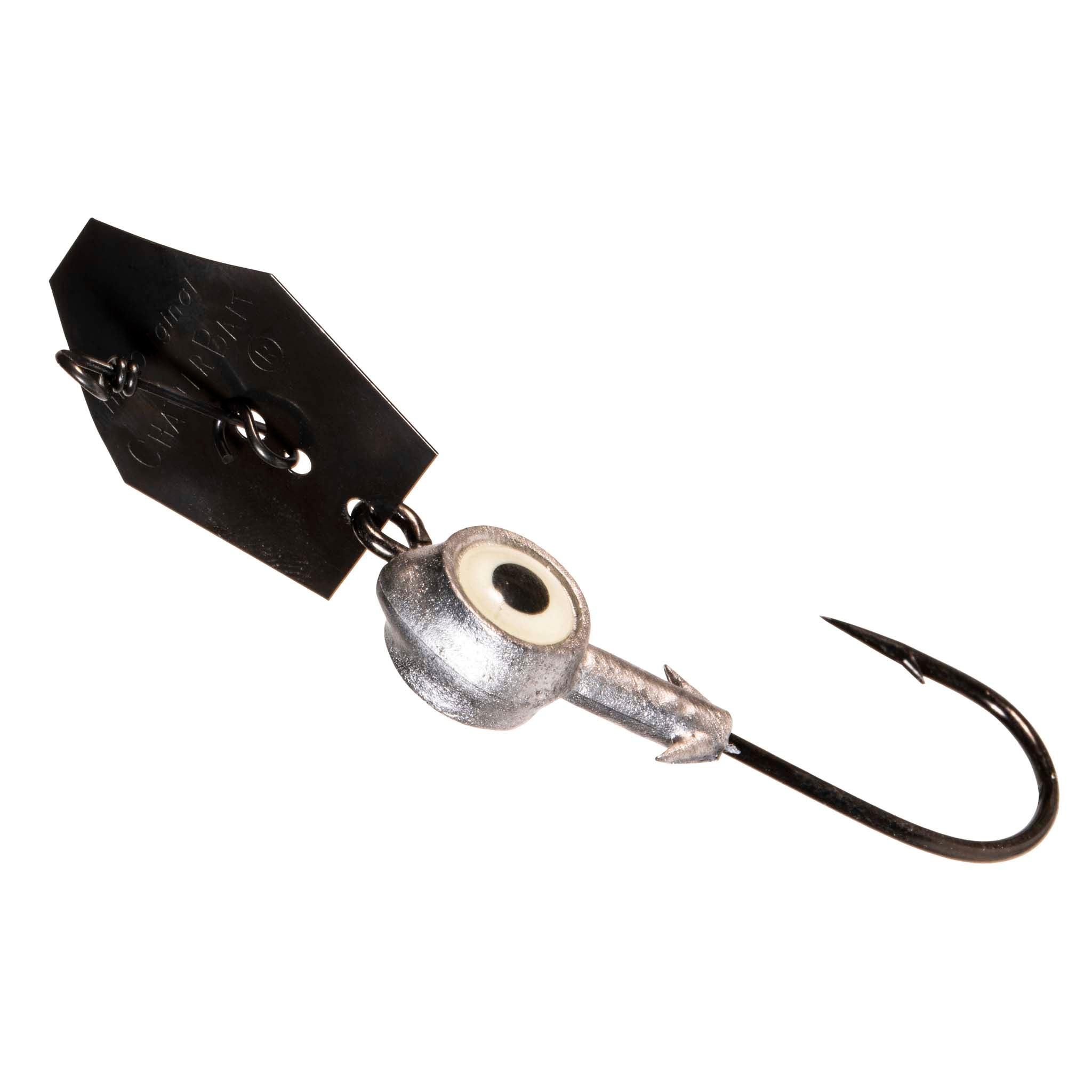 Chatterbait fishing lure, black skirt with white single eye and curved hook