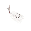White chatterbait with bucktail skirt, wire guard, and red/black eye