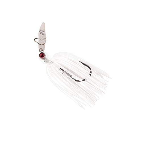 White chatterbait with bucktail skirt, wire guard, and red/black eye