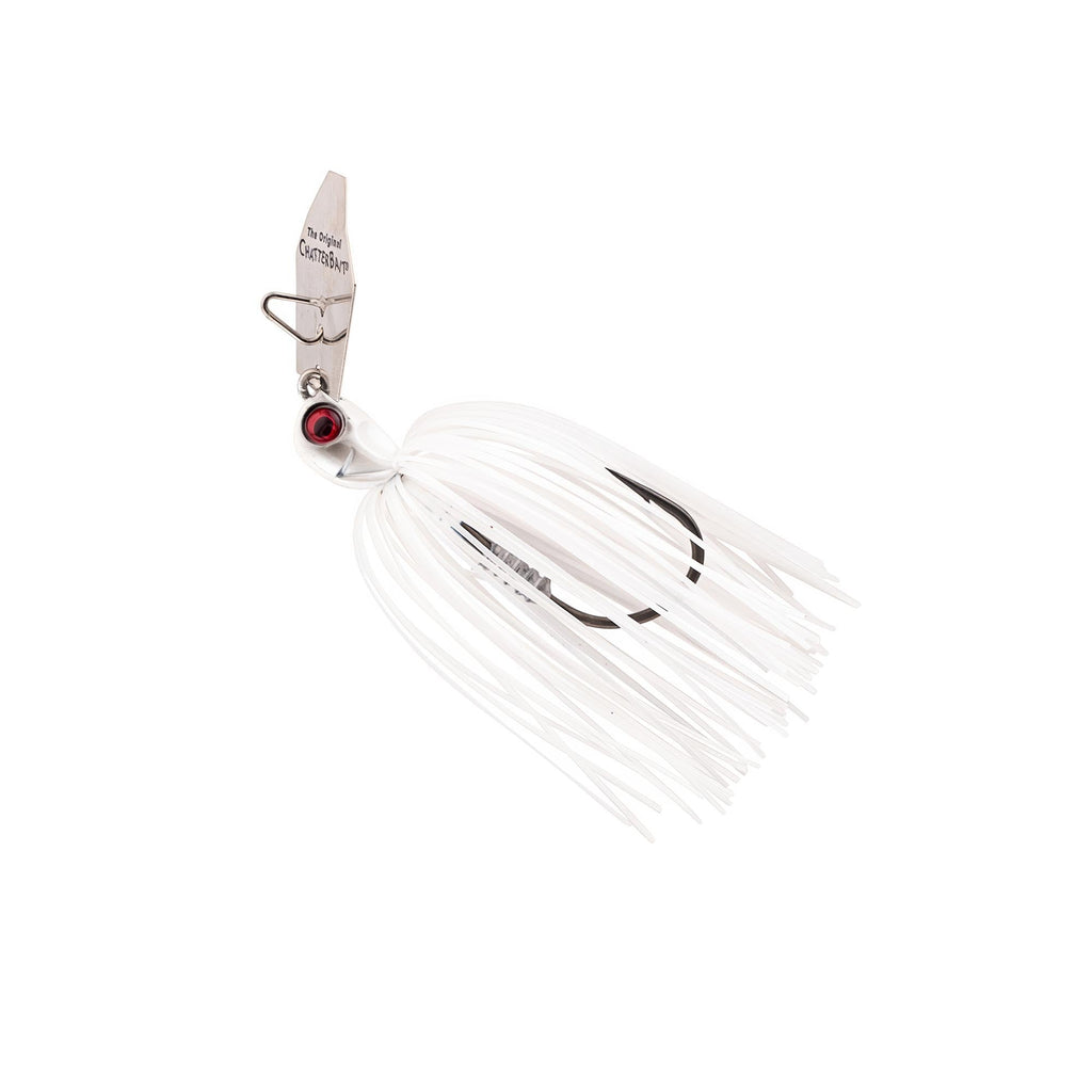 White chatterbait lure with black-striped skirt and red eye hook