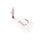 White chatterbait lure with black-striped skirt and red eye hook