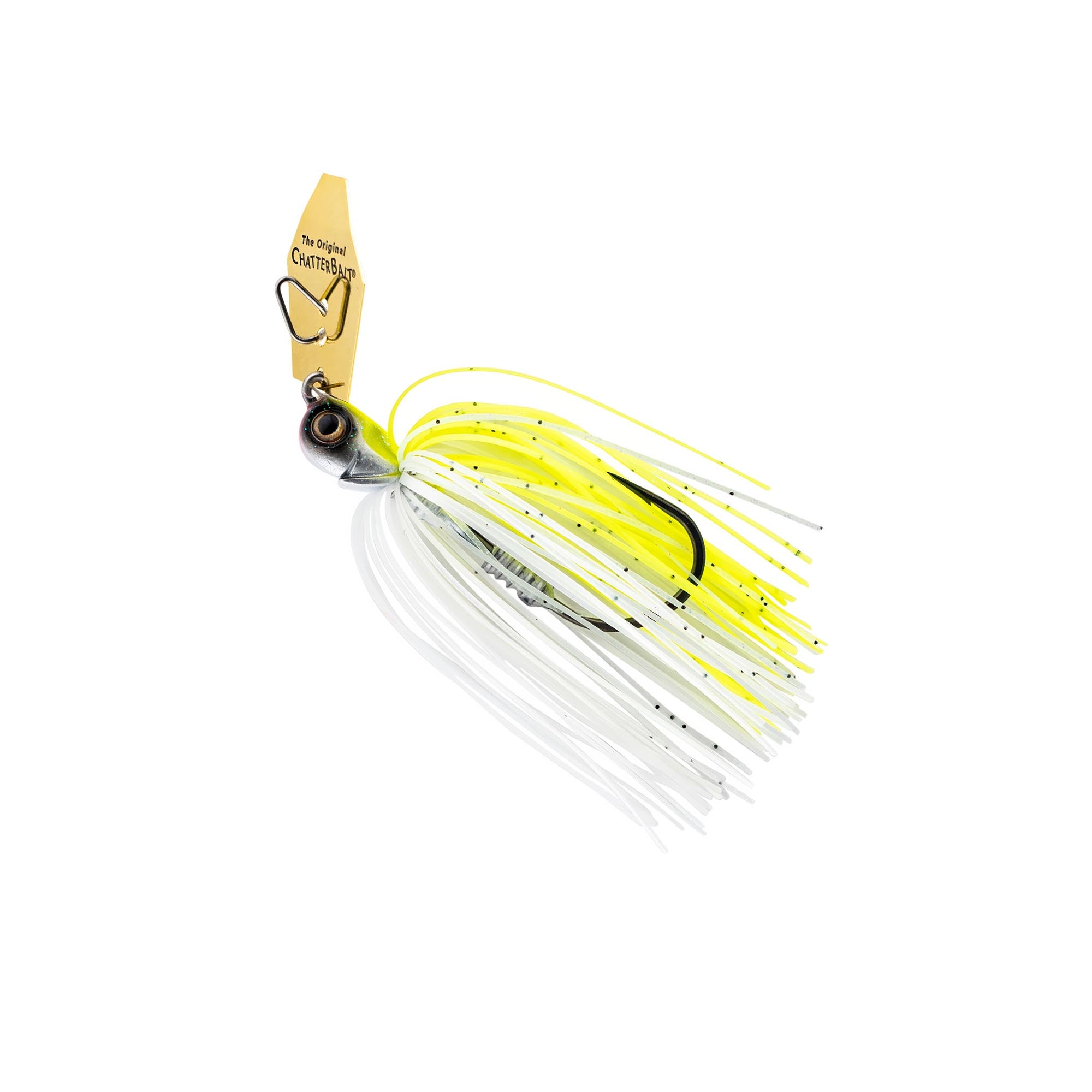 Chartreuse and white chatterbait lure with black stripe skirt and black eye