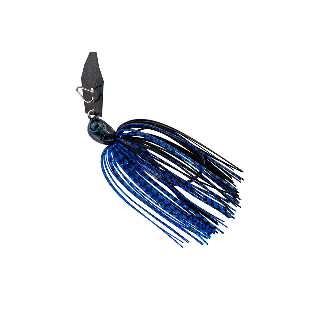 Blue-and-black chatterbait with bucktail skirt, wire guard, and teal eye