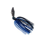 Blue-and-black chatterbait with bucktail skirt, wire guard, and teal eye