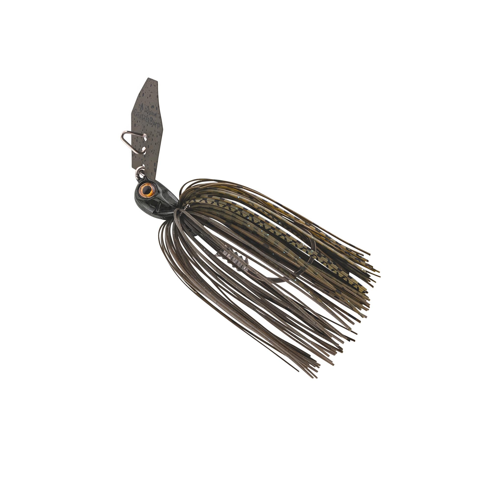 Olive-brown chatterbait with bucktail skirt, wire guard, and orange-ring eye