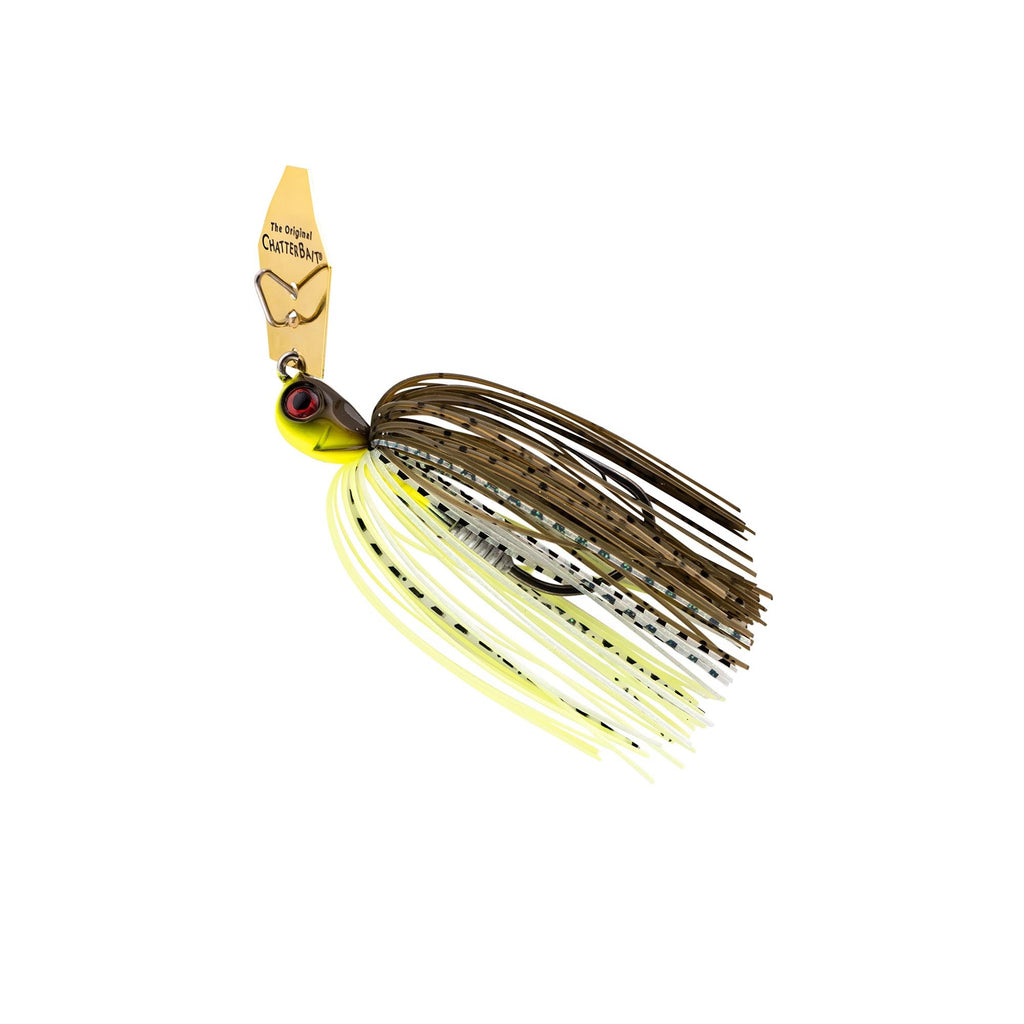 Brown-and-yellow chatterbait with bucktail skirt, wire guard, and red-ring eye