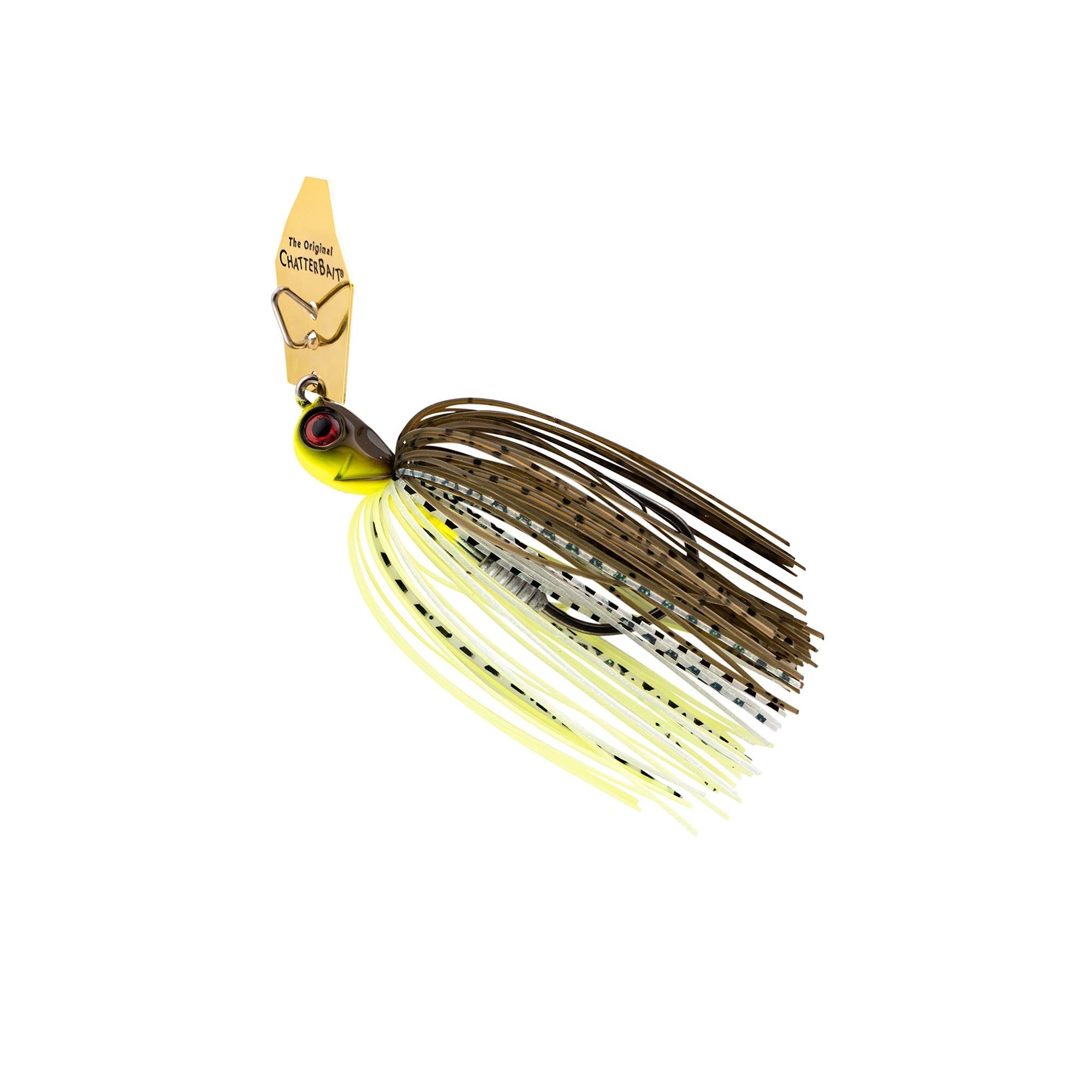 Brown-and-yellow chatterbait with bucktail skirt, wire guard, and red-ring eye