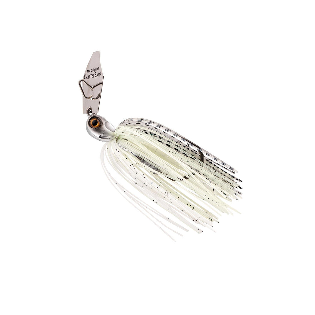 White chatterbait with black-speckled bucktail skirt, wire guard, and orange eye