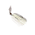White chatterbait with black-speckled bucktail skirt, wire guard, and orange eye