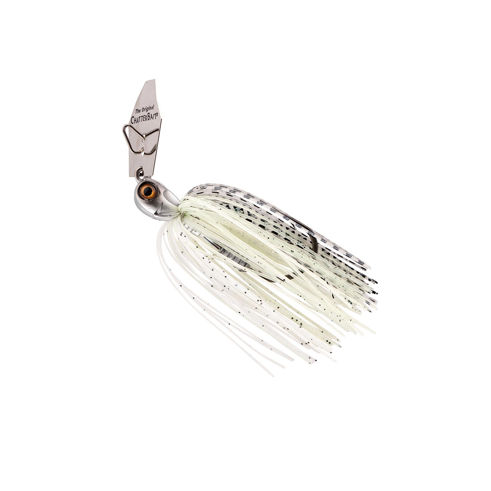 White chatterbait lure with black speckled skirt and orange-brown eye