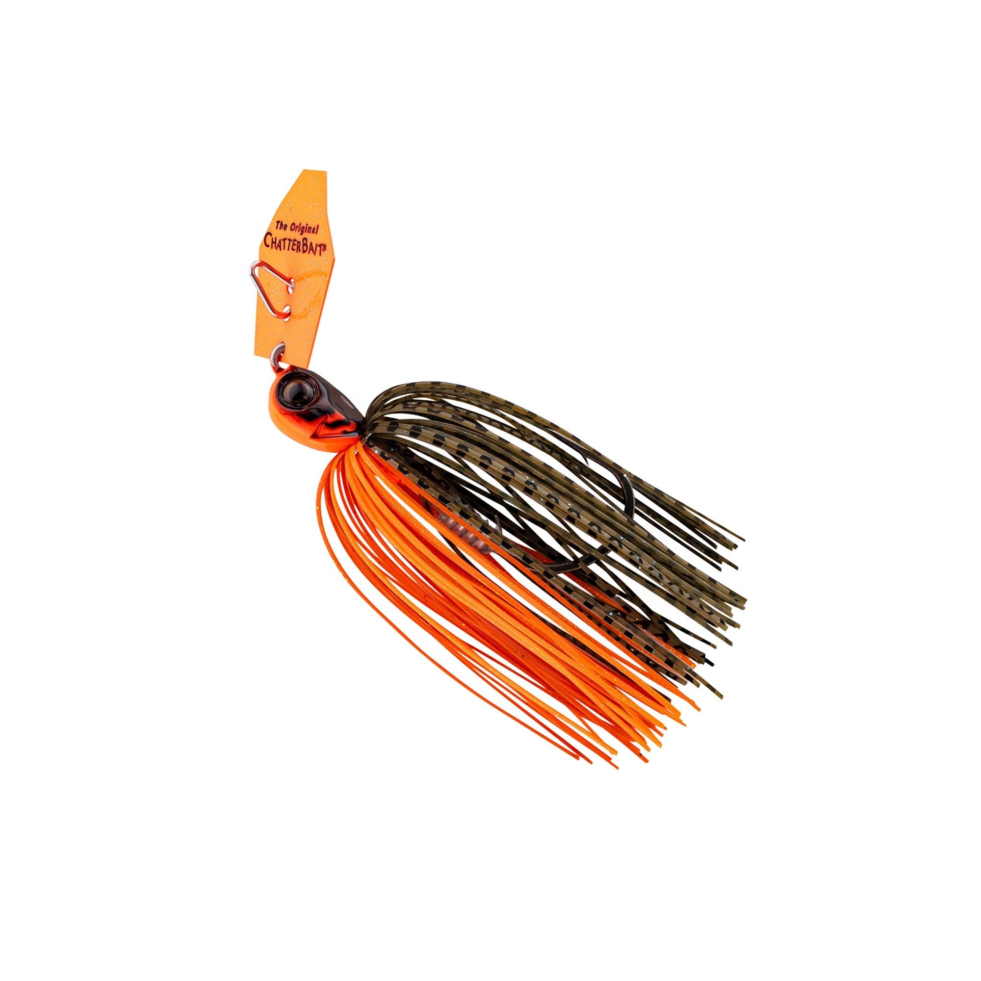 Black and brown chatterbait with orange bucktail strands, wire guard, and dark eye