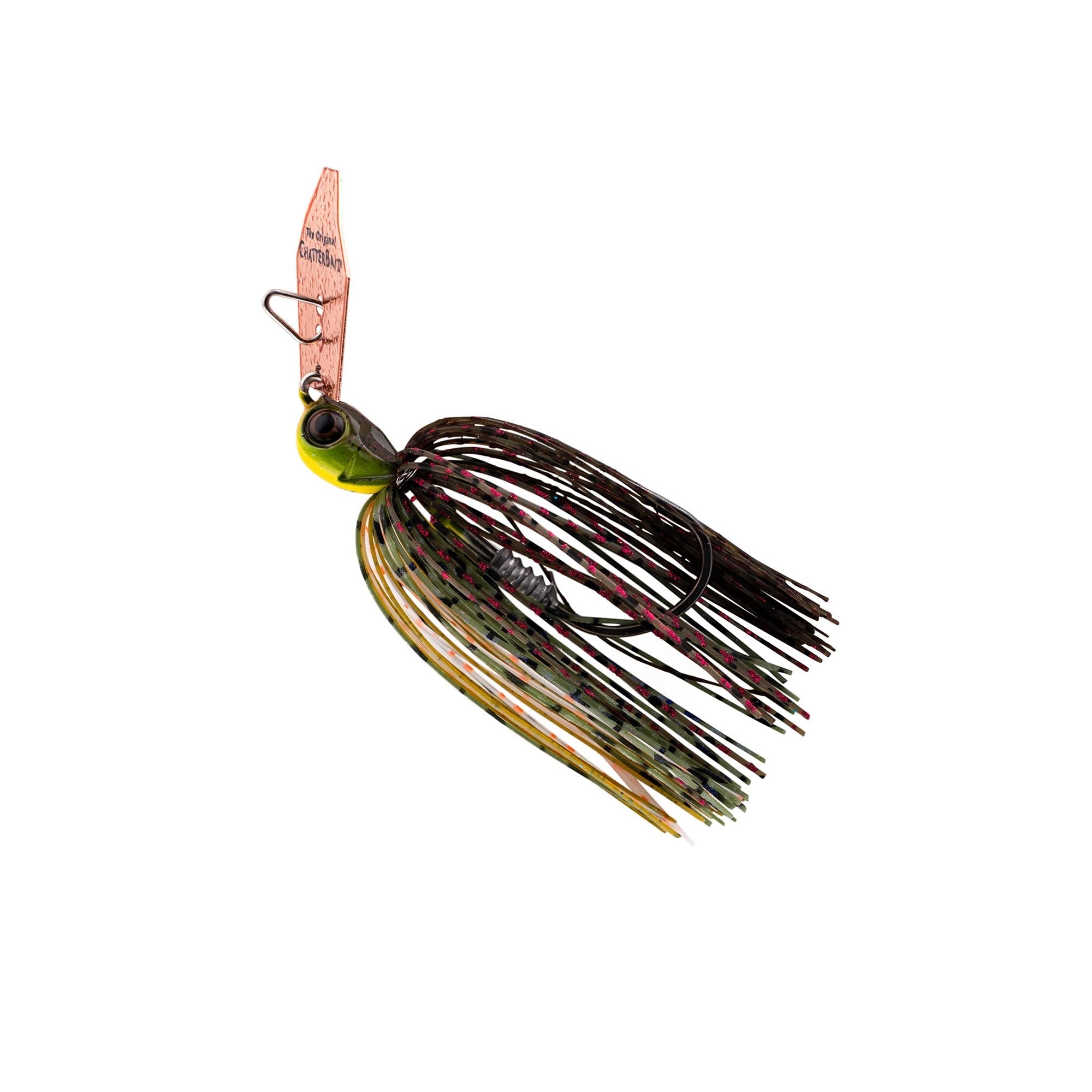 Black and green chatterbait lure with multicolor speckled skirt and yellow accents