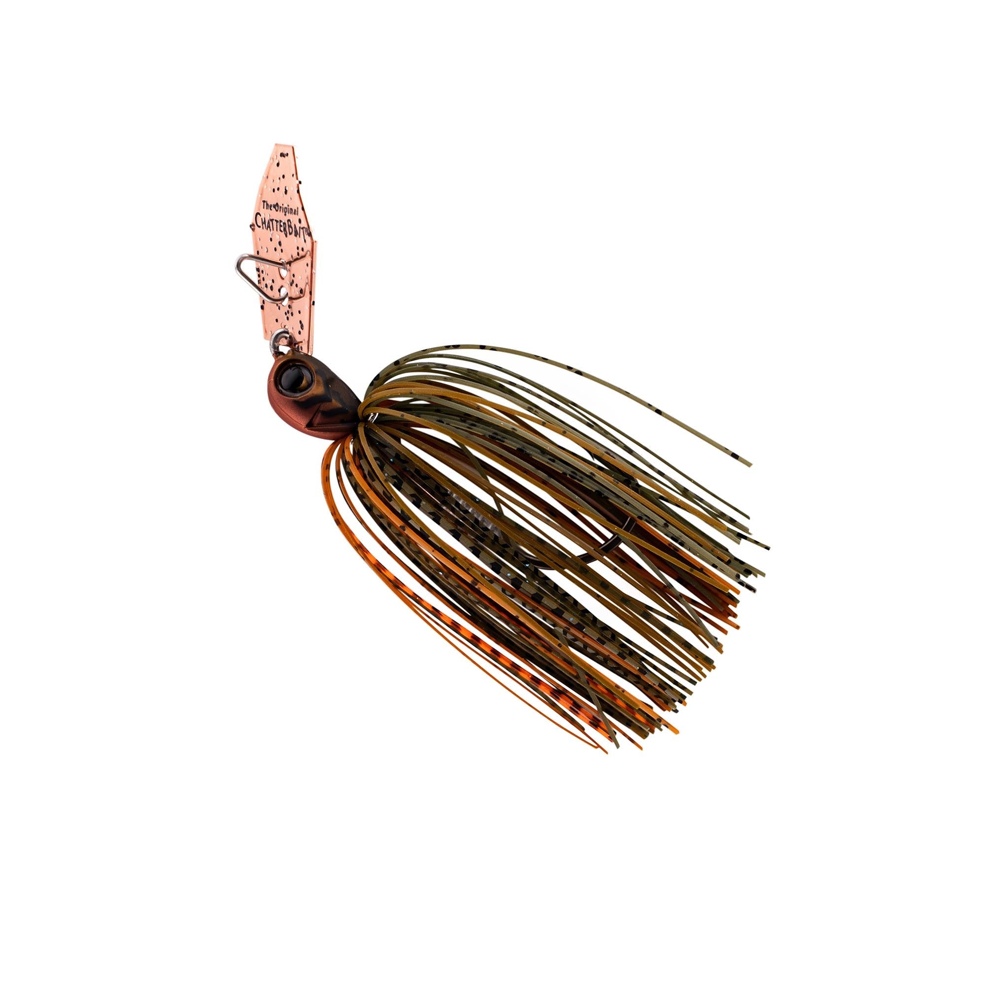 Dark brown chatterbait with orange-accent bucktail skirt, wire guard, and orange eye