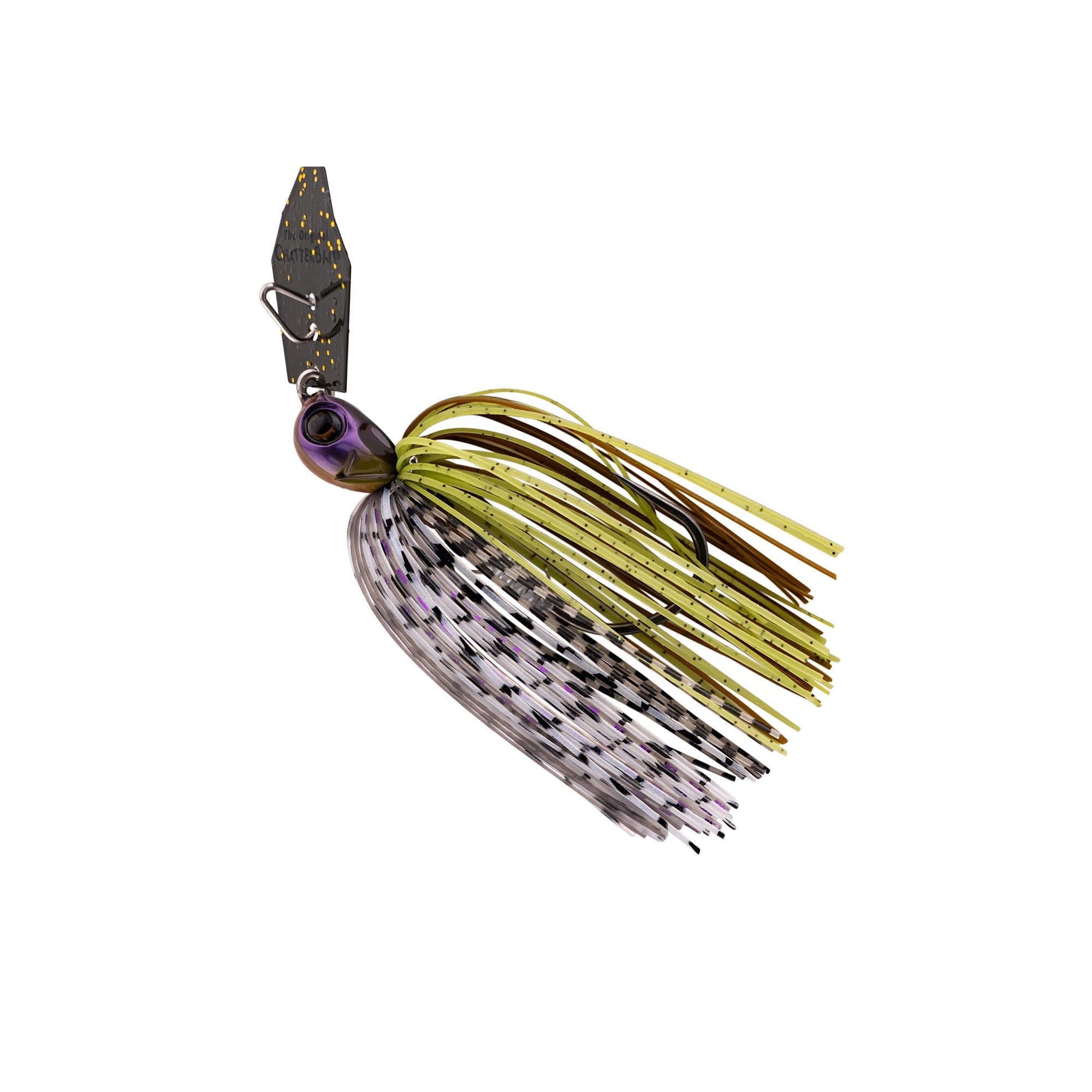 Purple and chartreuse chatterbait lure with white-speckled skirt and dark head