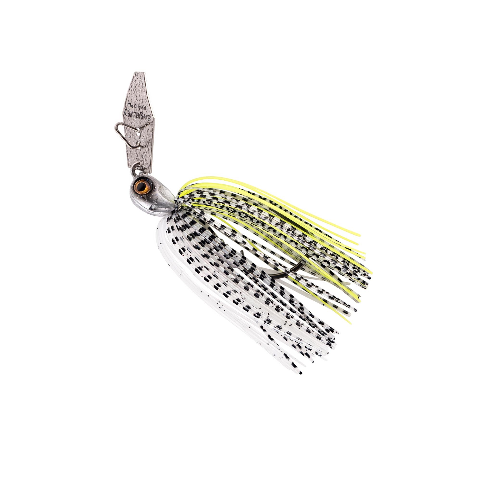 ChatterBait Elite EVO HD lure with white/chartreuse skirt and black speckles, spinner hook