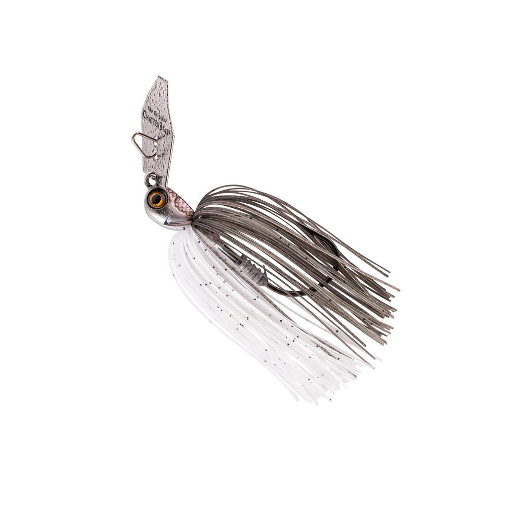 ChatterBait Elite EVO HD lure with gray skirt, white strands, and wire spinner hook