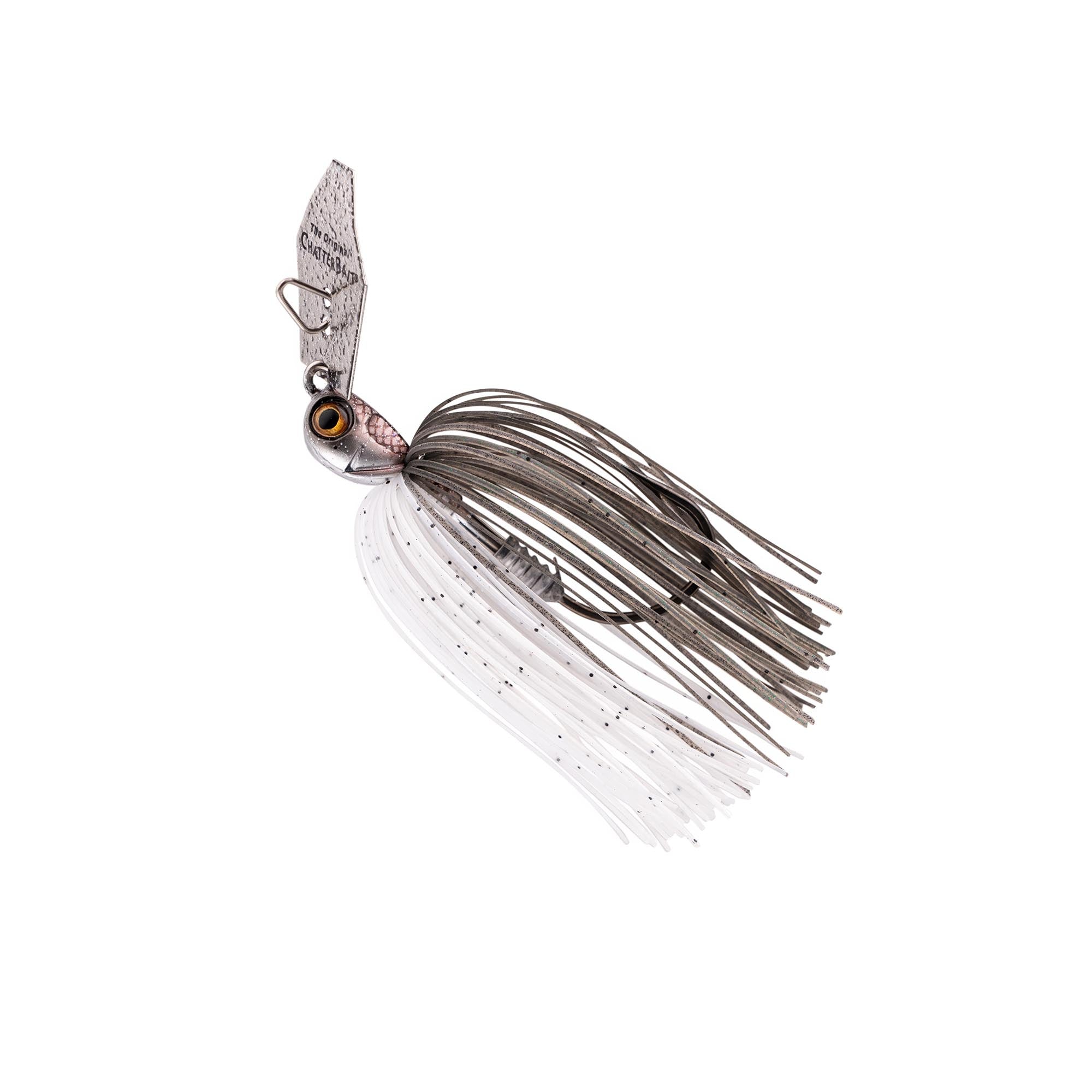 White chatterbait lure with silver-gray skirt, brown strands, and spinner blade