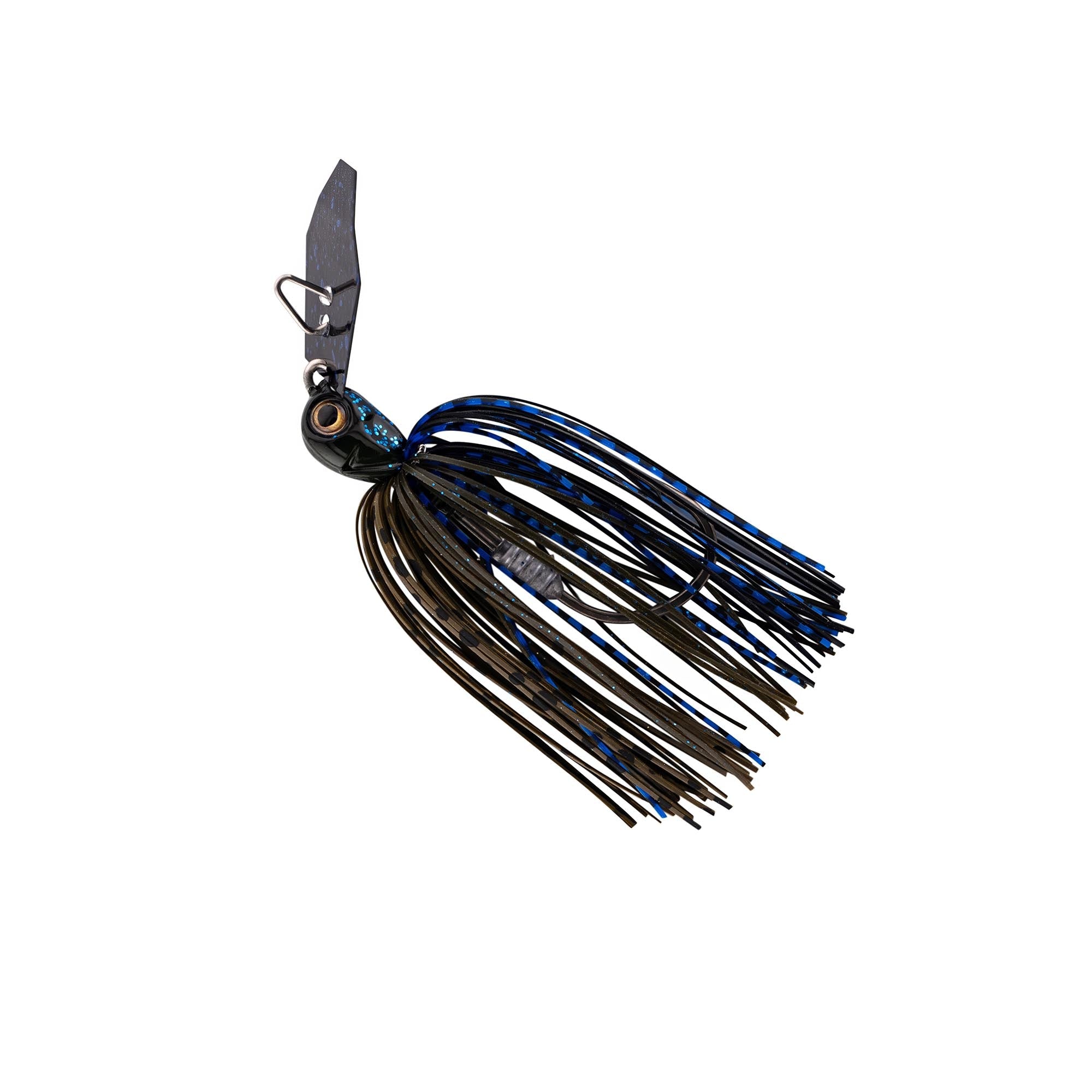 Blue and black chatterbait lure with shiny skirt strands and spinner blade