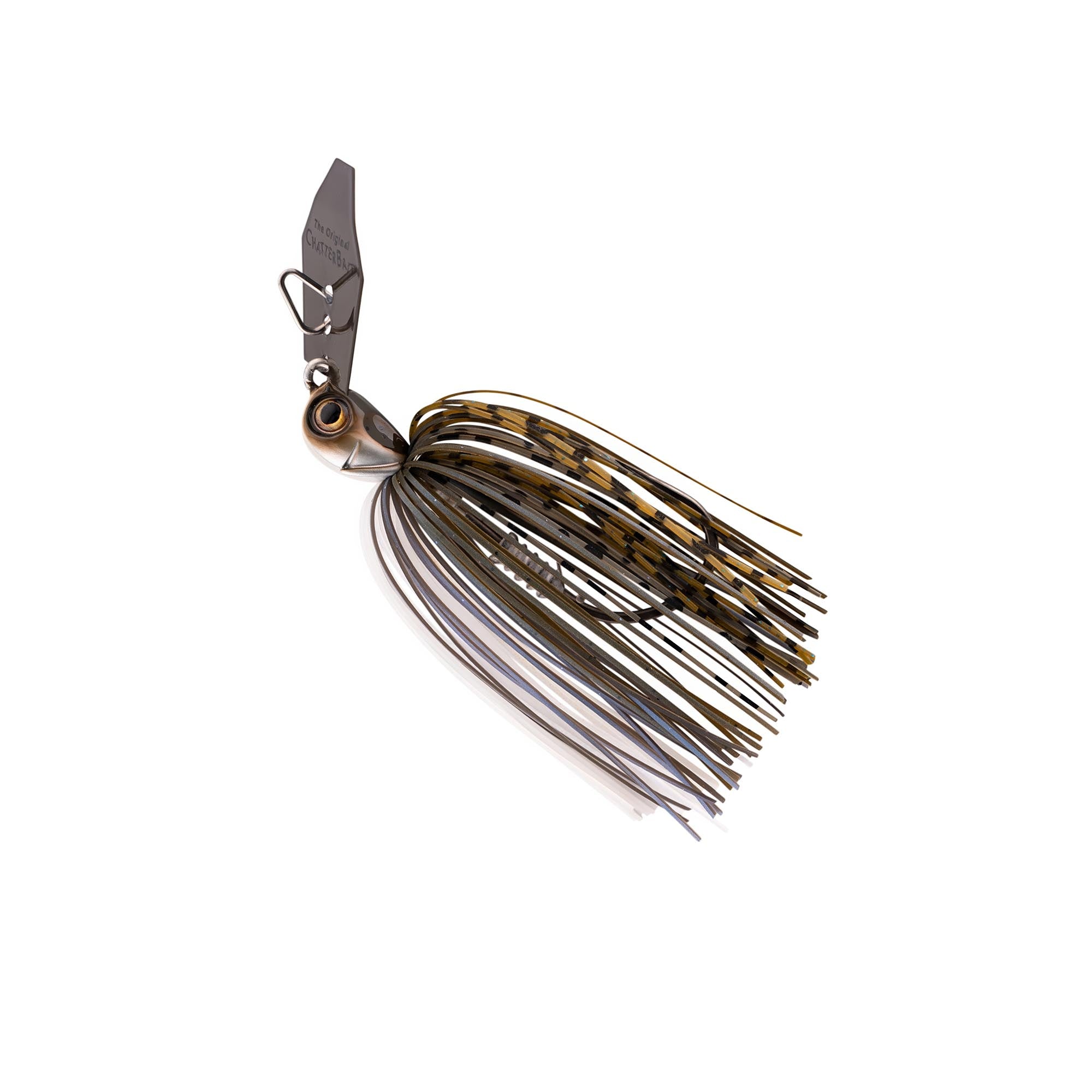 Olive and silver chatterbait lure with dark skirt strands and spinner blade