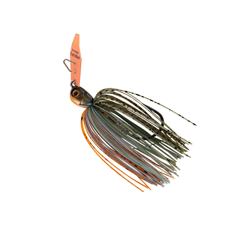 ChatterBait Elite EVO HD lure with orange blade, olive-green skirt, and spinner hook