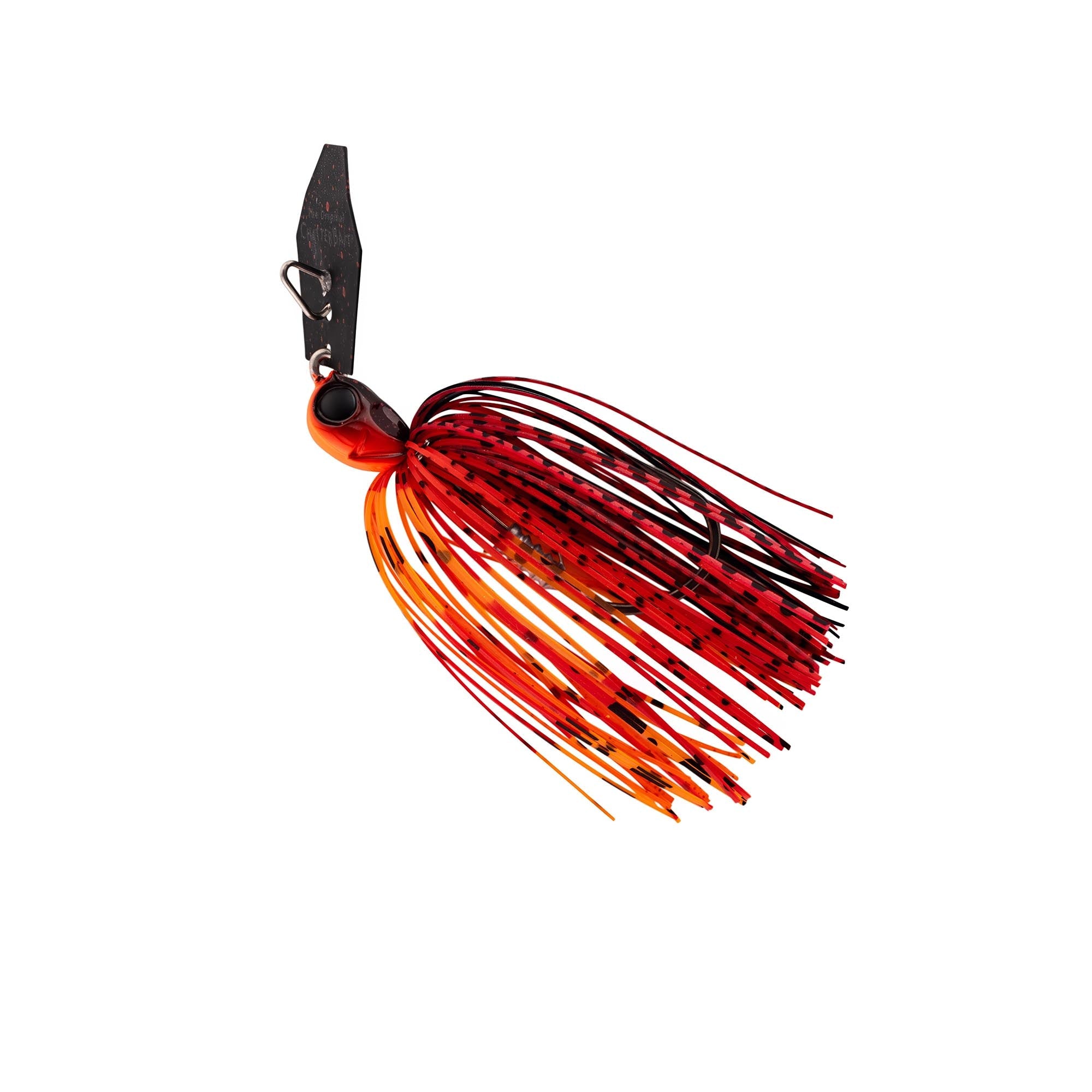 ChatterBait Elite EVO HD lure with red-and-orange skirt, black strands, and spinner hook