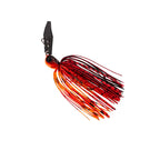 Red and orange chatterbait lure with black striped skirt strands and spinner blade