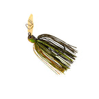 ChatterBait Elite EVO HD lure with green skirt and gold blade, striped strands