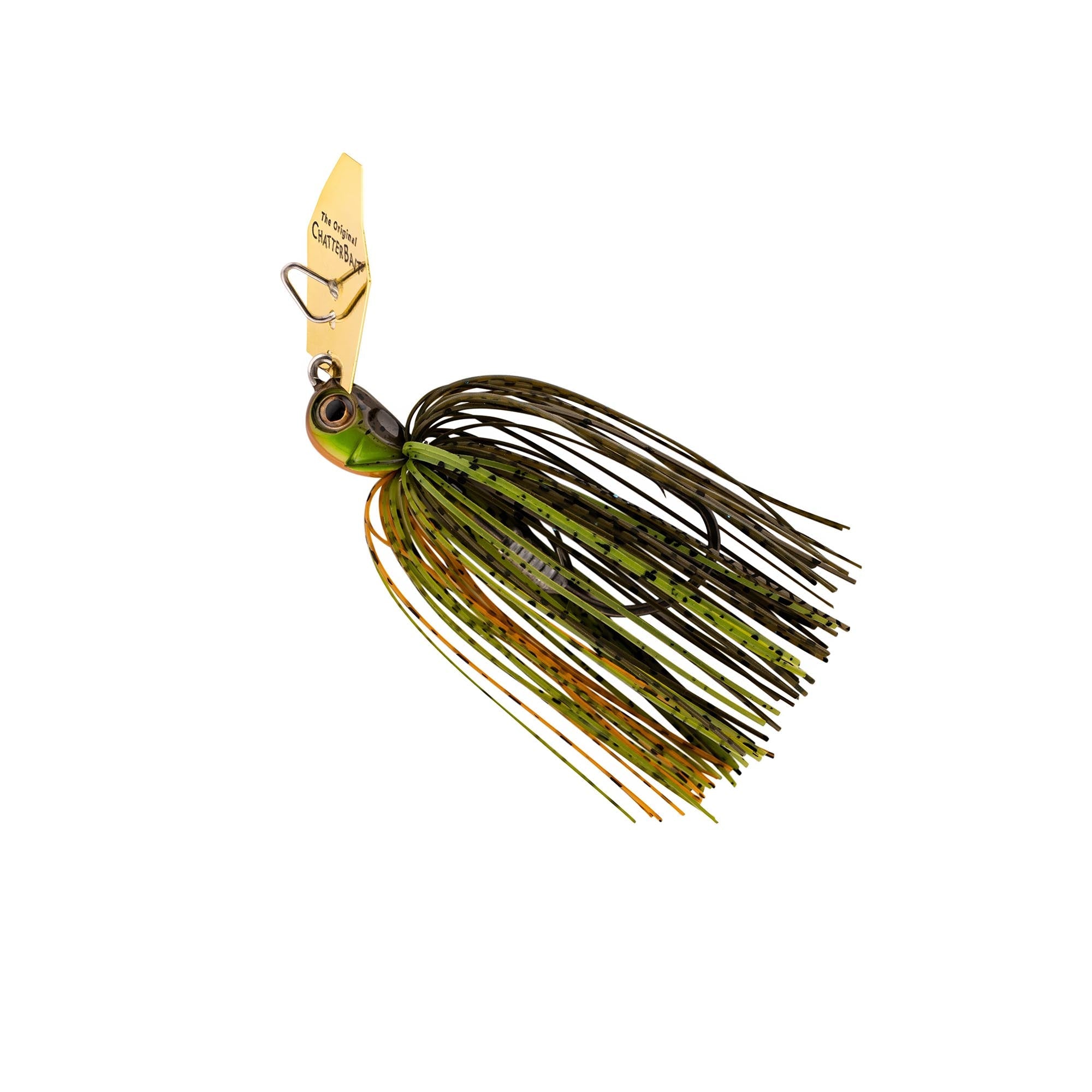 ChatterBait Elite EVO HD lure with green skirt and gold blade, striped strands