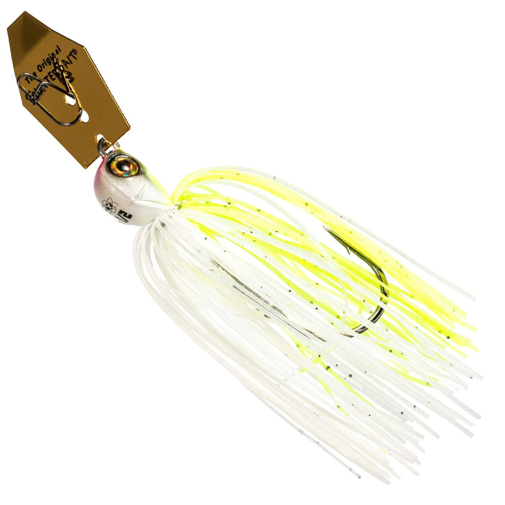 Chatterbait fishing lure with silver head and white skirt with bright chartreuse strands