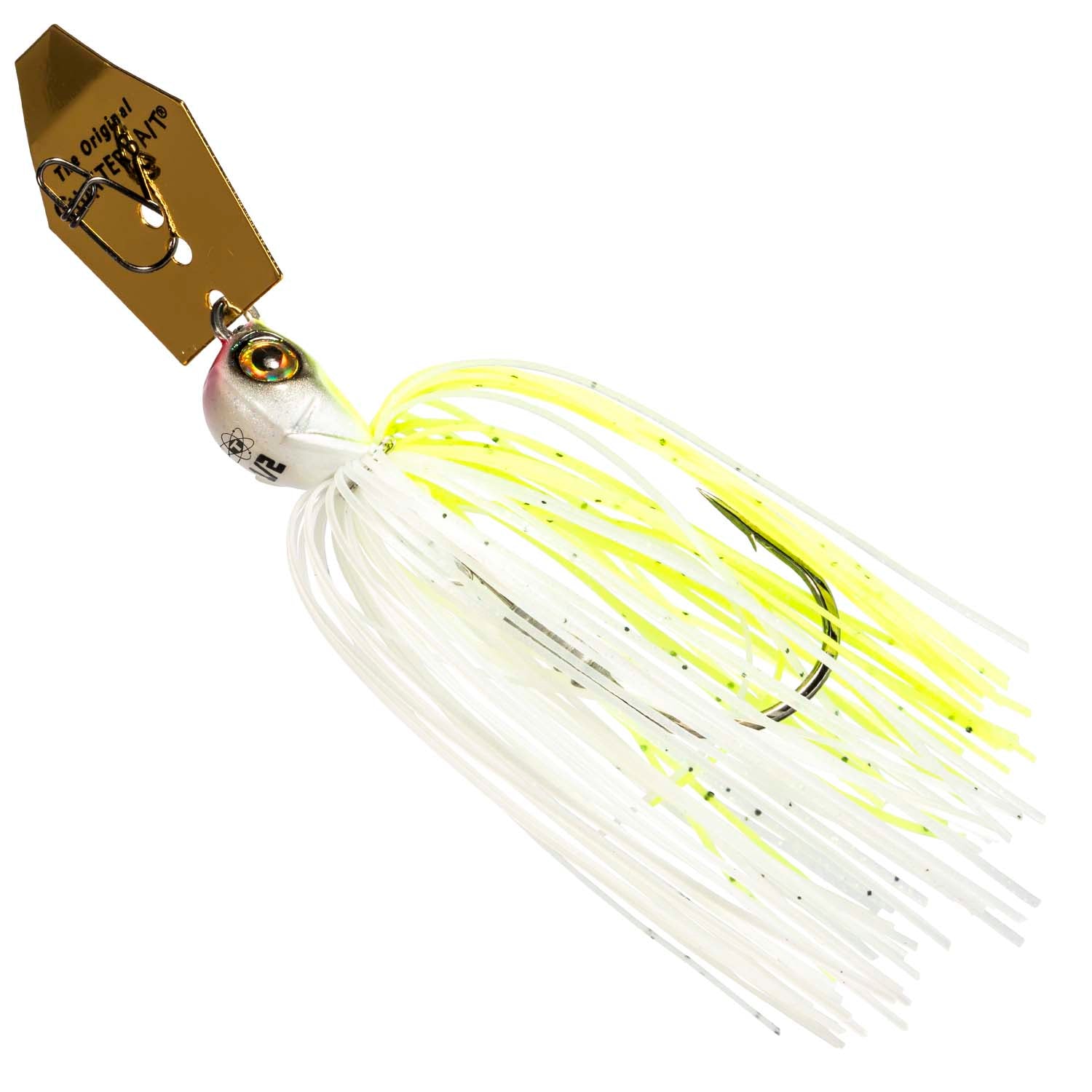 Chatterbait fishing lure with silver head and white skirt with bright chartreuse strands