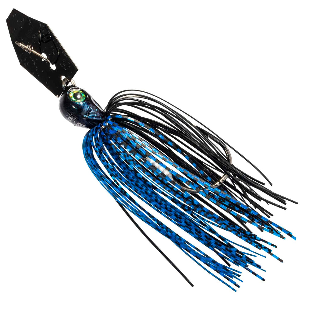 Chatterbait fishing lure with black-blue head and black-and-blue striped skirt