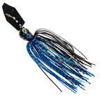 Chatterbait fishing lure with black-blue head and black-and-blue striped skirt