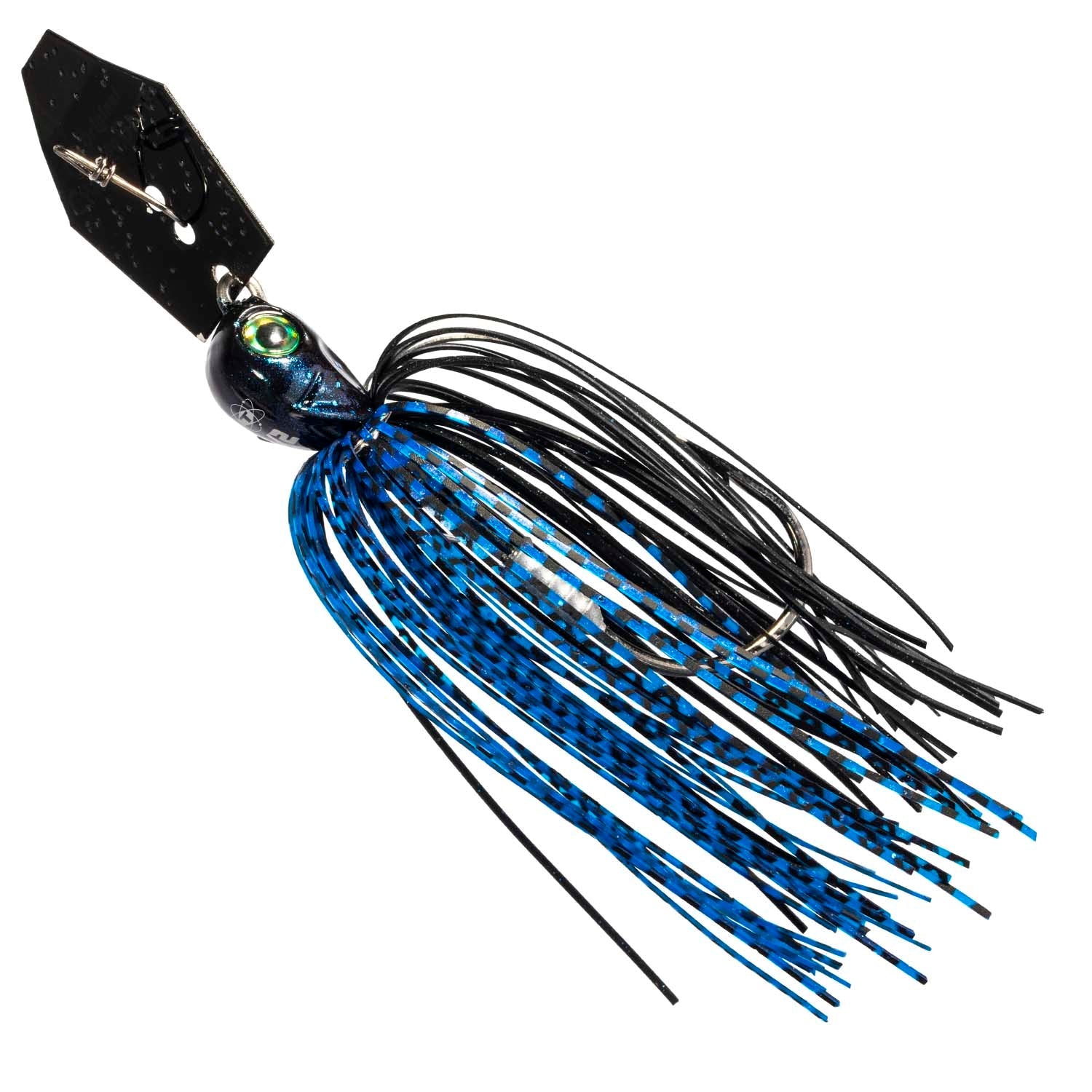 Chatterbait fishing lure with black-blue head and black-and-blue striped skirt