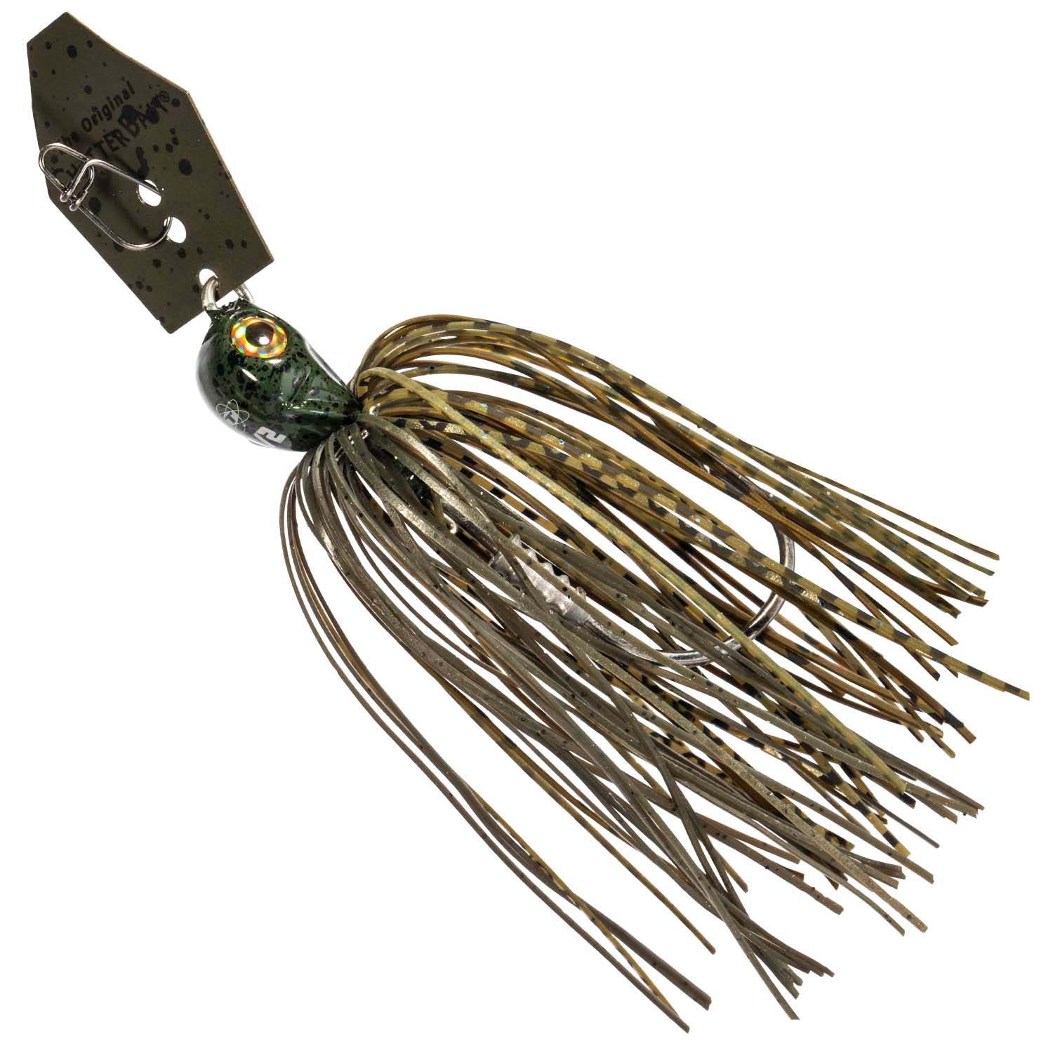 Chatterbait fishing lure with dark green head and olive-brown skirt strands