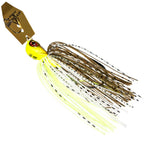 Chatterbait fishing lure with yellow chartreuse head and white-brown striped skirt