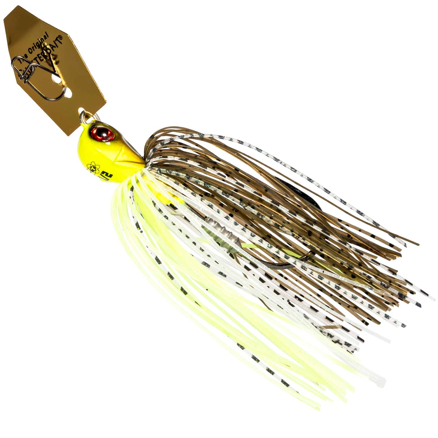 Chatterbait fishing lure with yellow chartreuse head and white-brown striped skirt