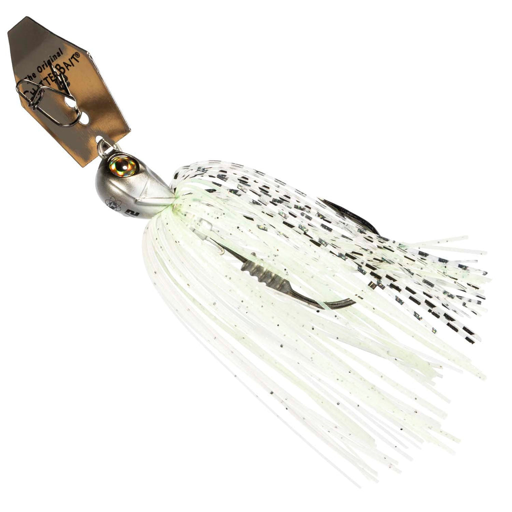 Chatterbait fishing lure with silver head and white skirt with black speckled strands
