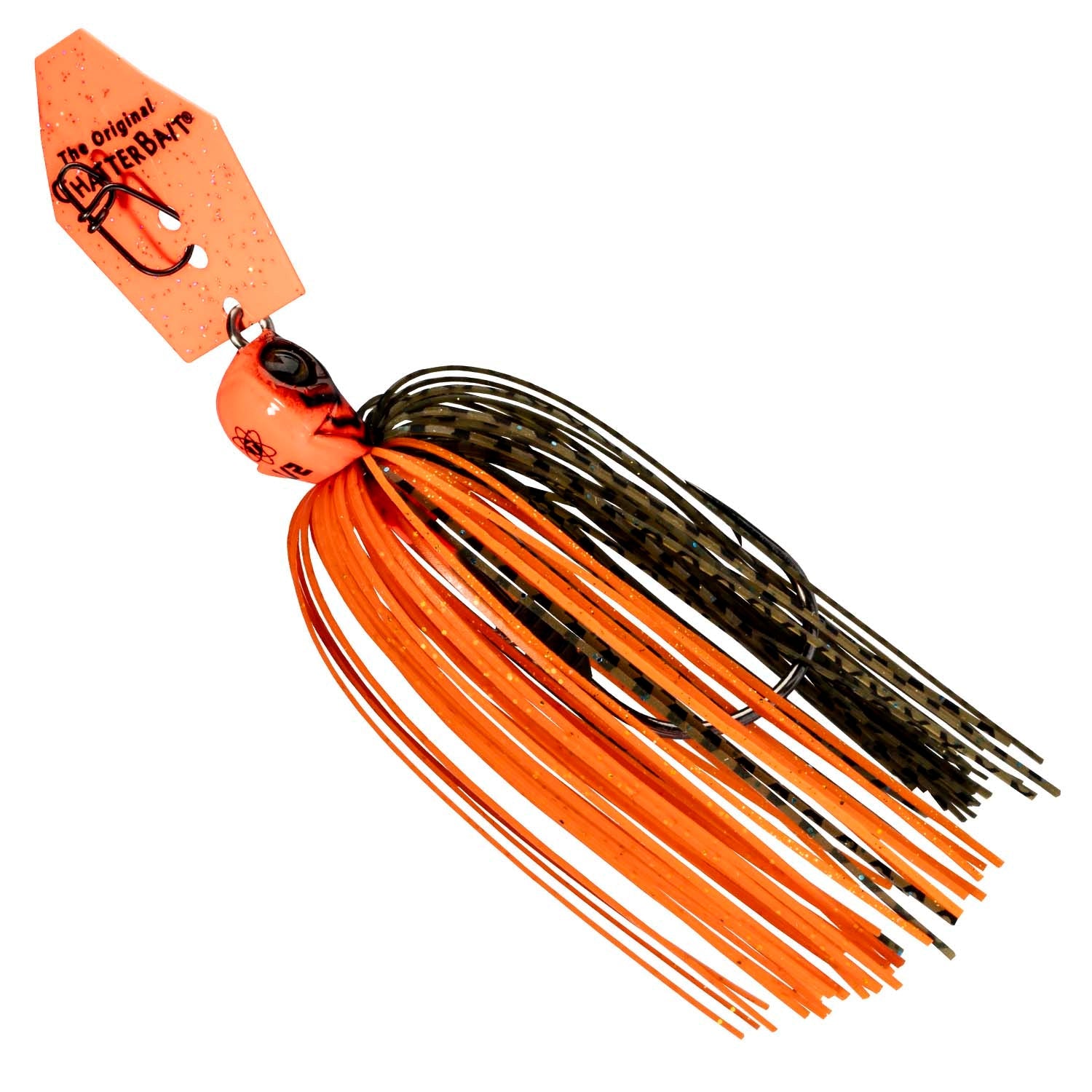 Orange and black chatterbait lure with patterned skirt and spinning blades