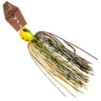 Yellow-green and white chatterbait lure with speckled skirt and spinning blades